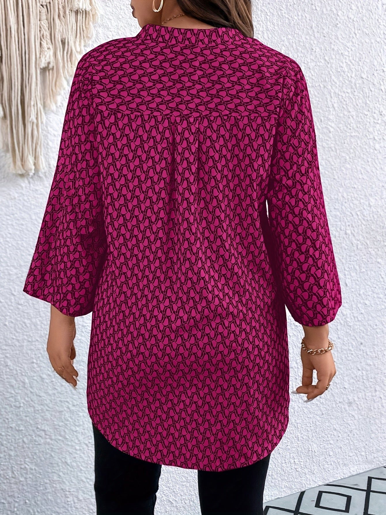 Printed Notched Neck Tunic Blouse