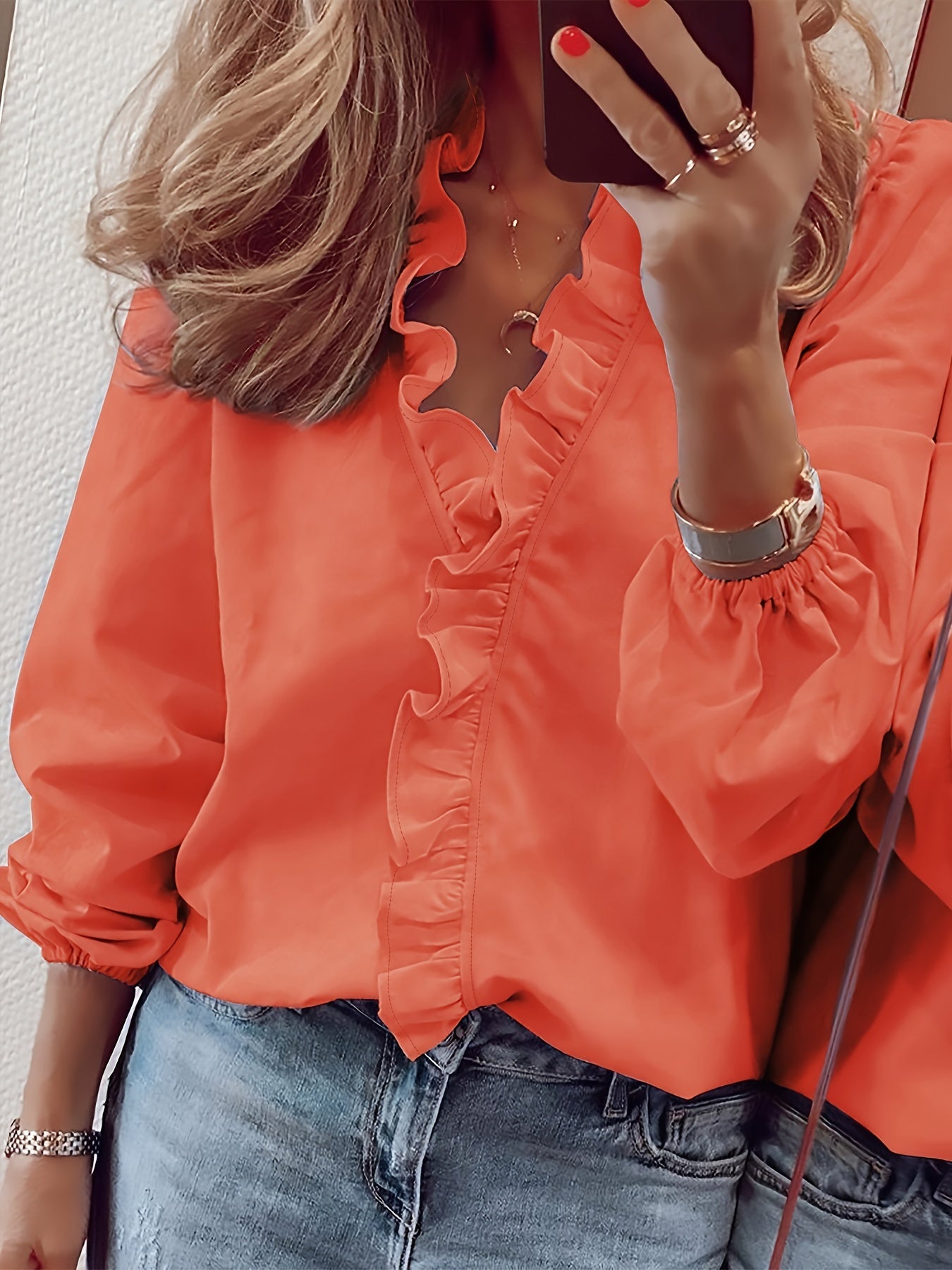 Ruffled V-Neck Loose Blouse