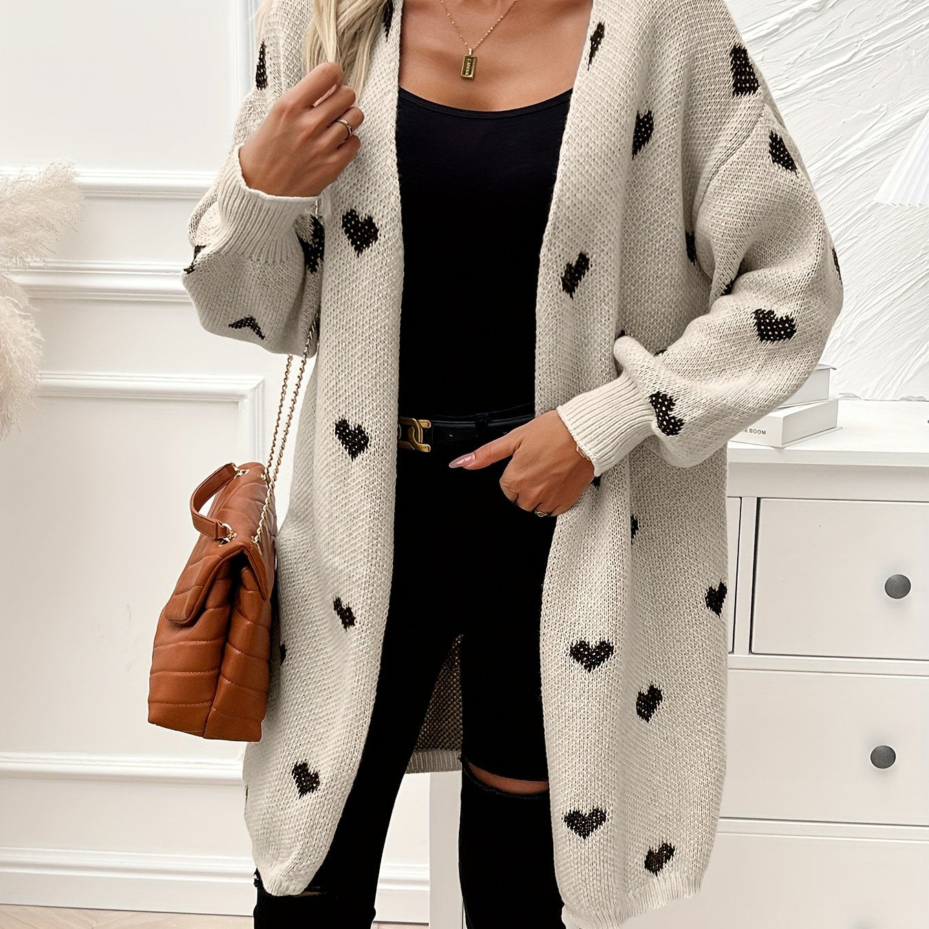Heart Pattern Open Front Cardigan