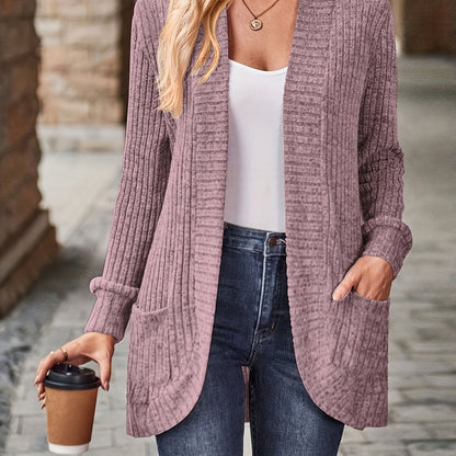 Ribbed Open Front Cardigan with Pockets