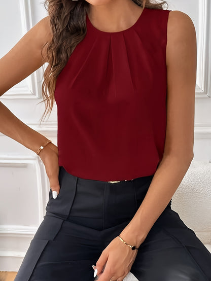 Sleeveless Crew Neck Tuck Blouse
