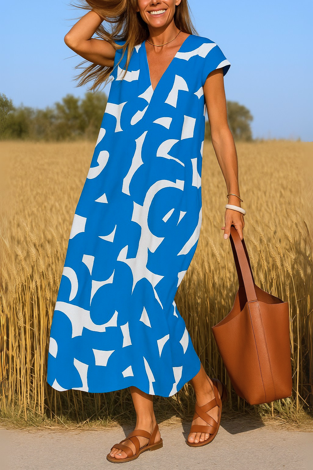 Printed Dress with V-Neck