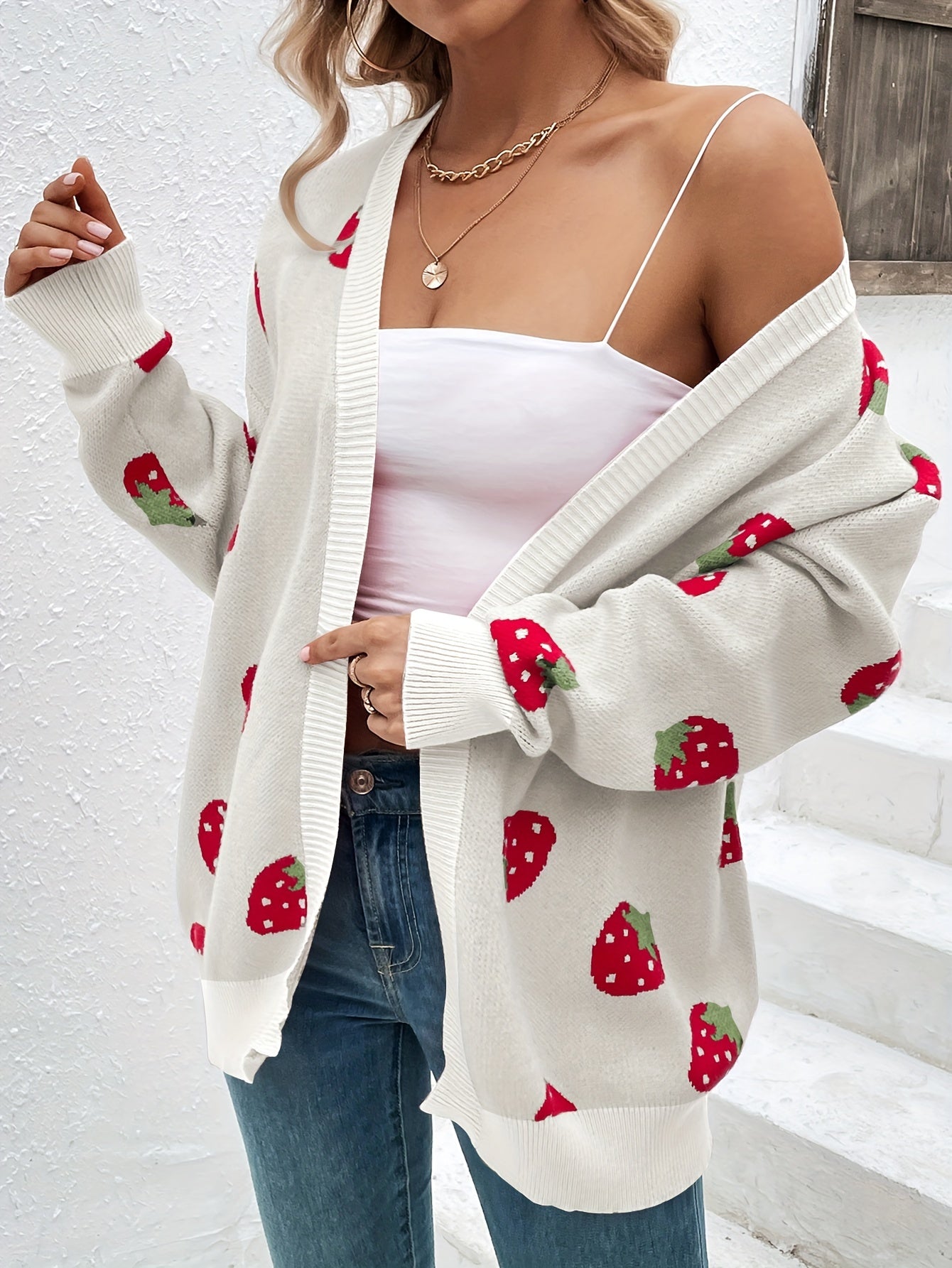 Strawberry Print Open Front Cardigan