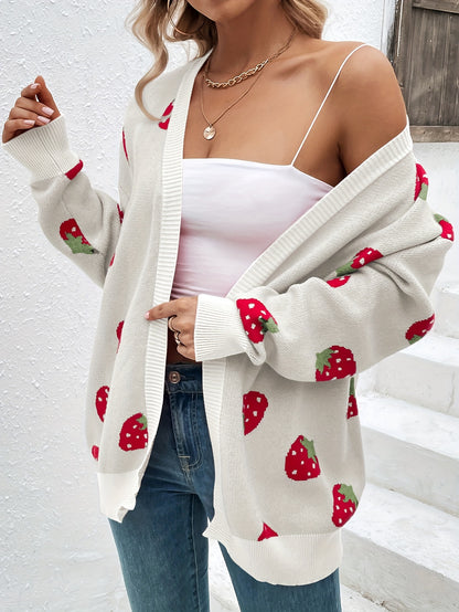 Strawberry Print Open Front Cardigan