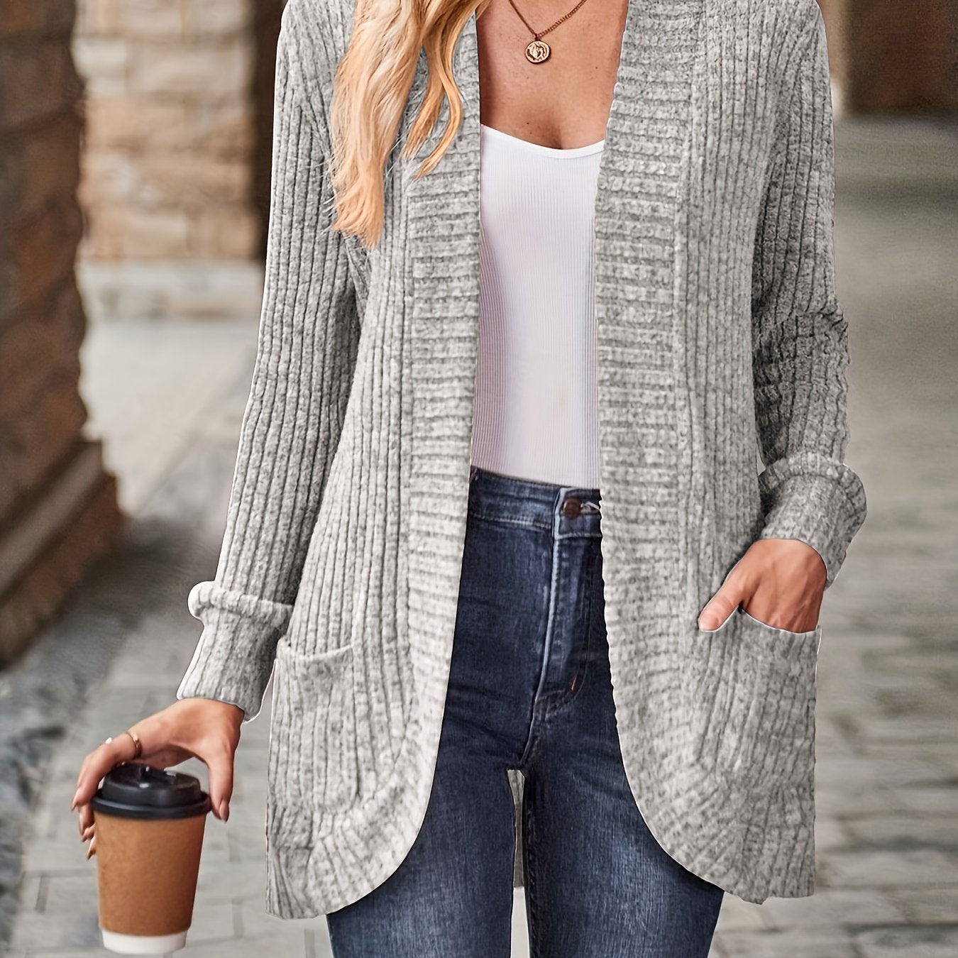 Ribbed Open Front Cardigan with Pockets