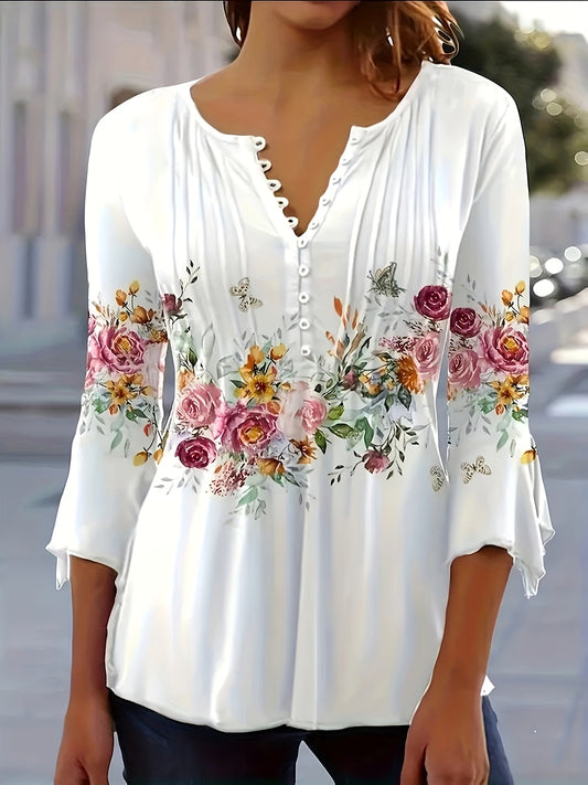 Floral V-Neck Button Blouse