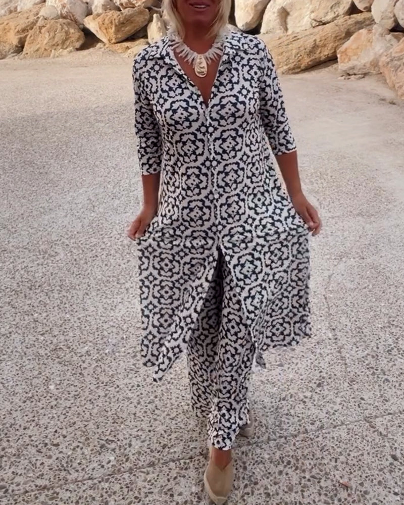 Vintage Printed Two-Piece Set – Blouse & Pants