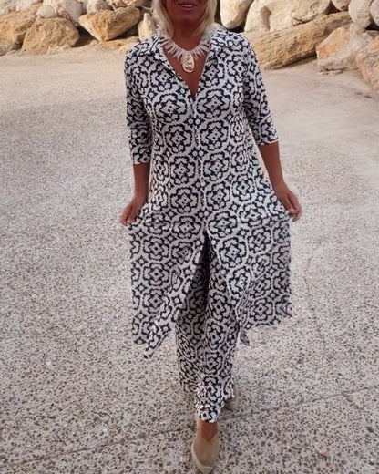 Vintage Printed Two-Piece Set – Blouse & Pants