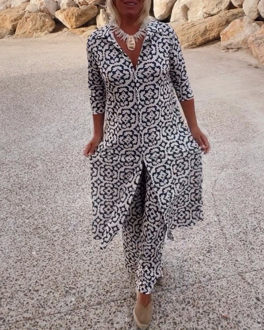 Vintage Printed Two-Piece Set – Blouse & Pants