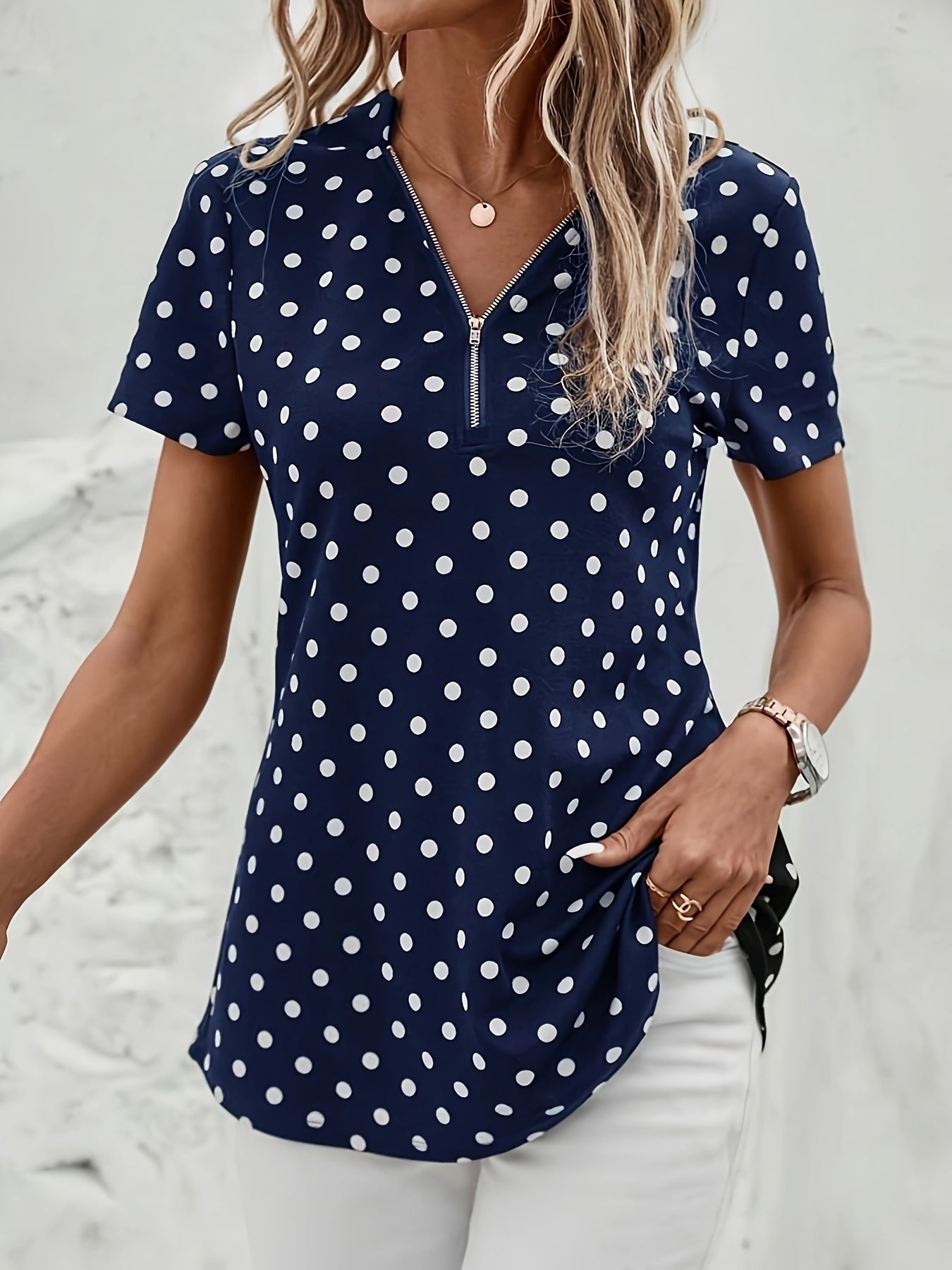 Polka Dot V-Neck Zipper Blouse