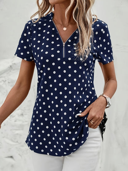 Polka Dot V-Neck Zipper Blouse