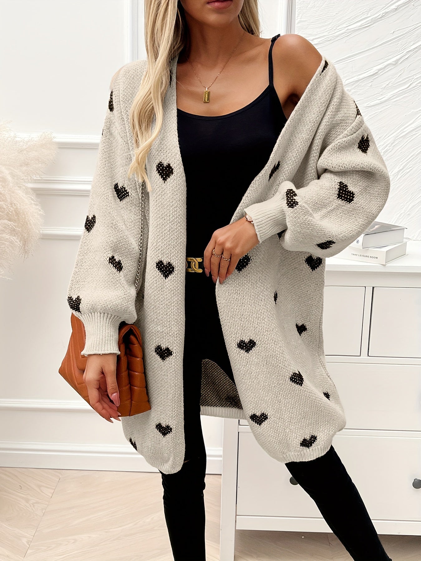 Heart Pattern Open Front Cardigan