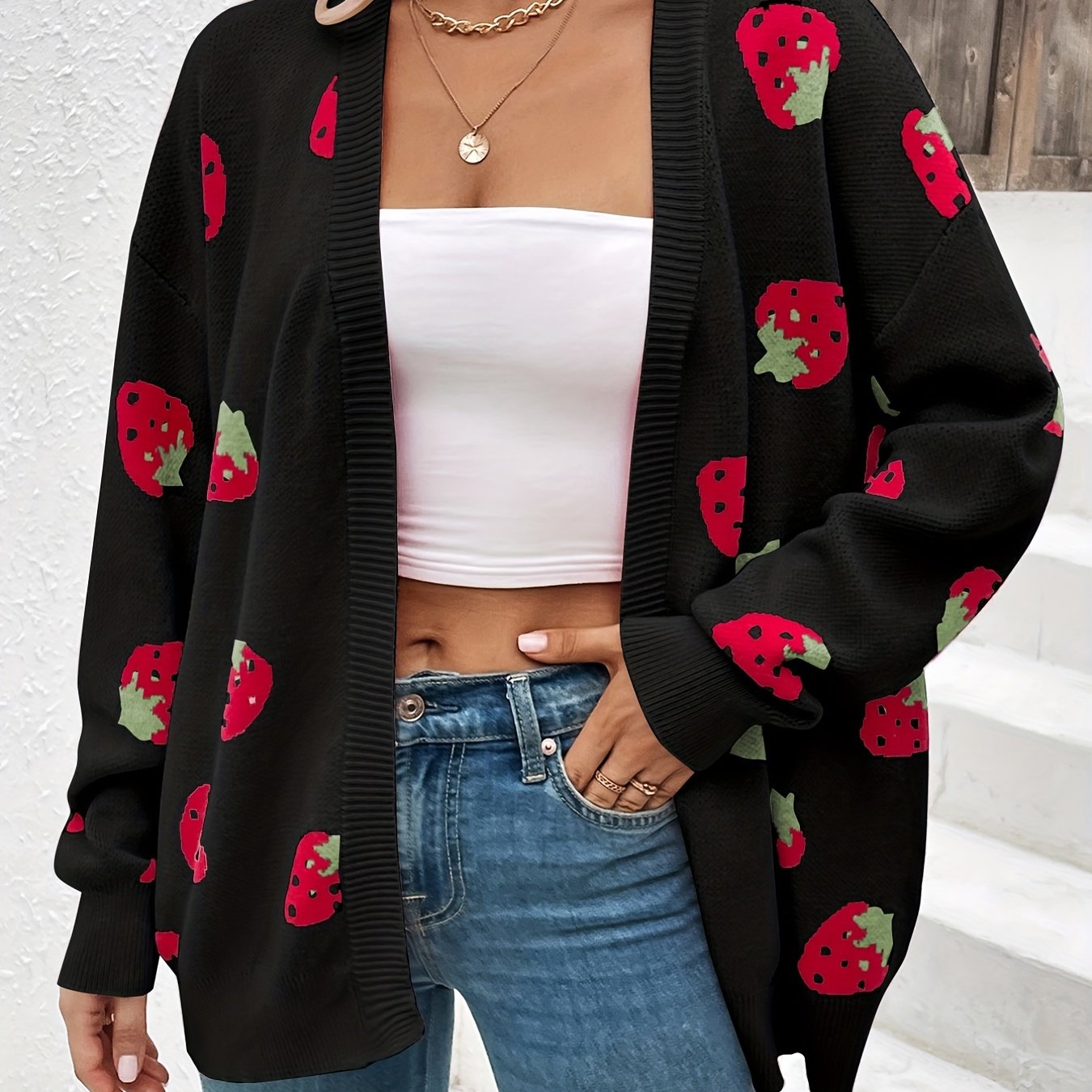 Strawberry Print Open Front Cardigan