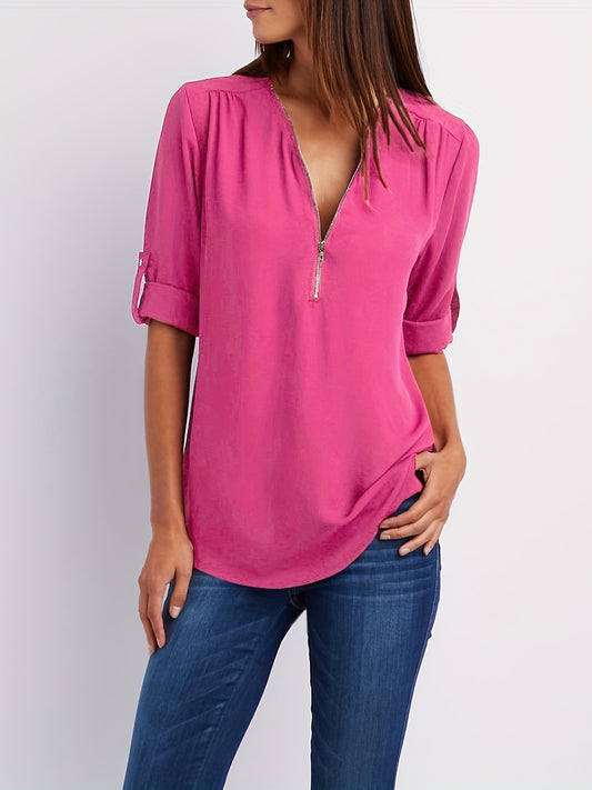 Ruched Sleeve Zip V-Neck Blouse