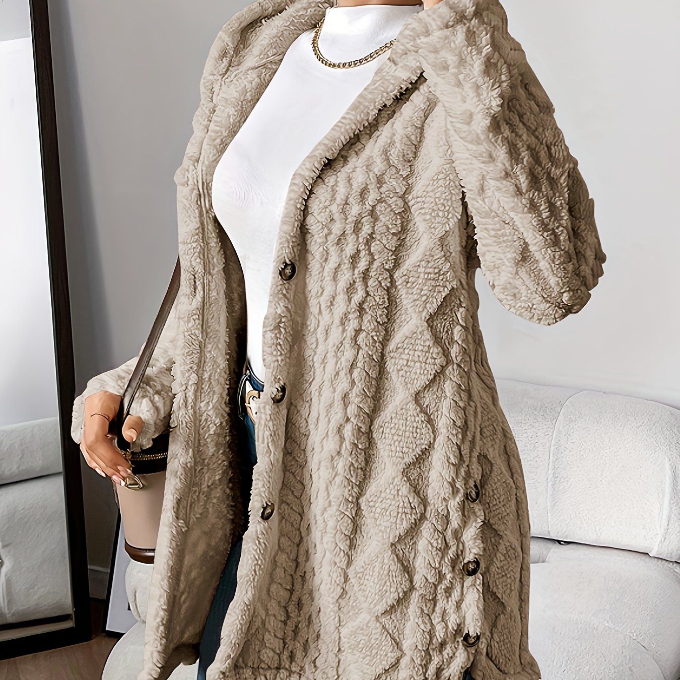 Plush Hooded Argyle Cardigan Coat