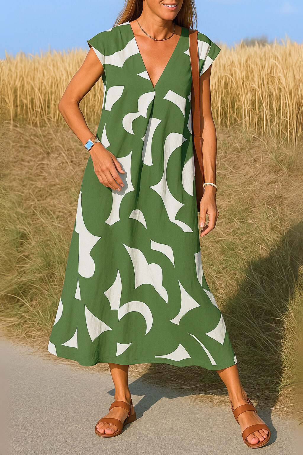 Printed Dress with V-Neck