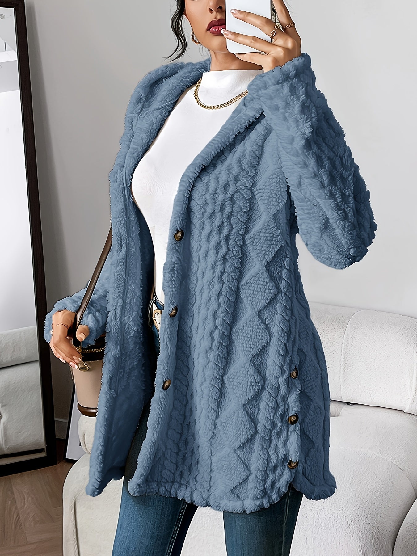 Plush Hooded Argyle Cardigan Coat