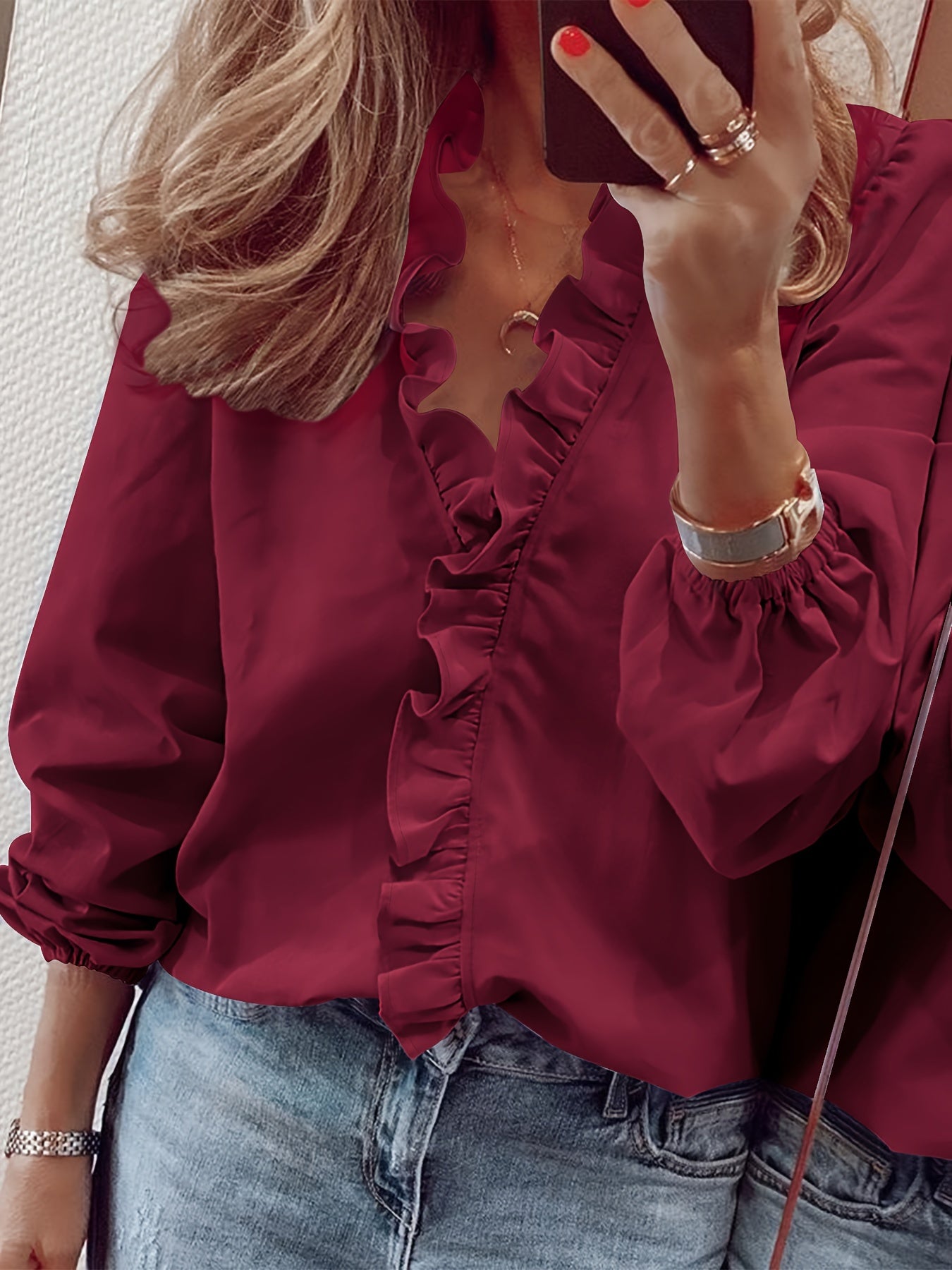 Ruffled V-Neck Loose Blouse