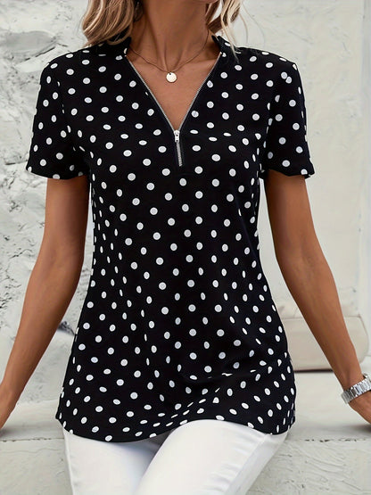 Polka Dot V-Neck Zipper Blouse
