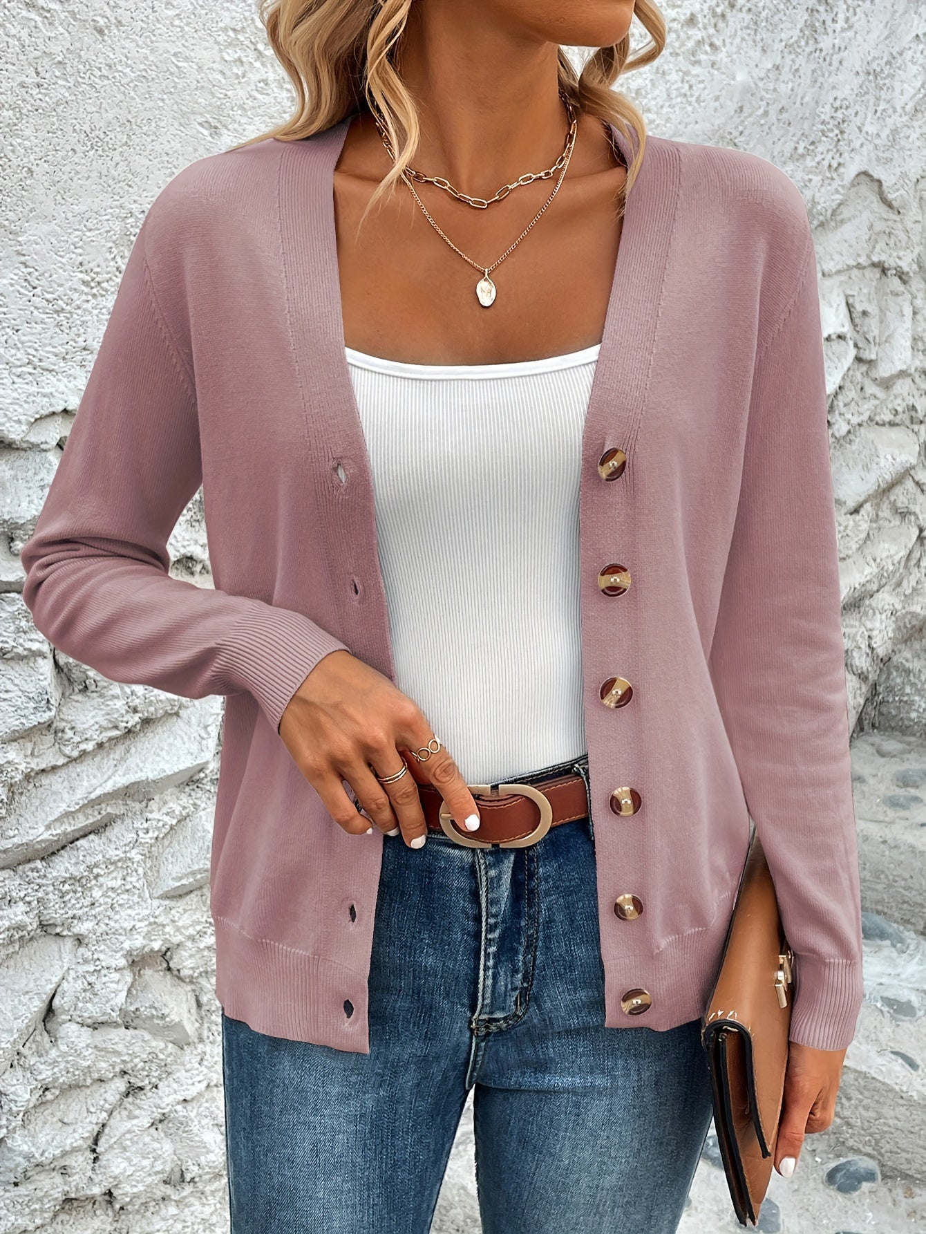 Button Front V-Neck Cardigan Top