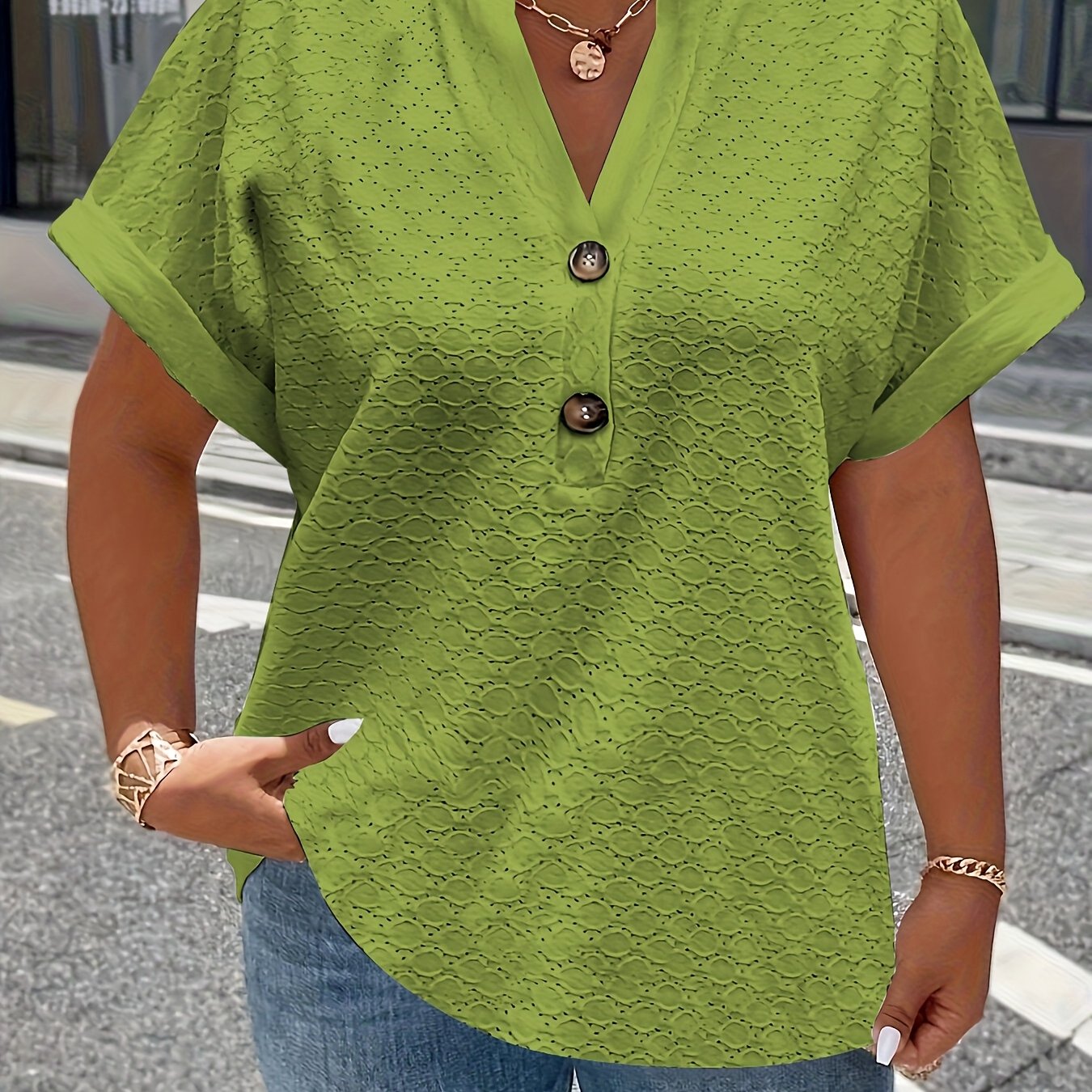 V-Neck Short Sleeve Blouse with Button Detail
