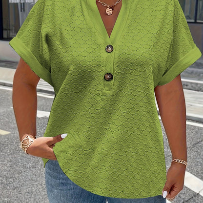 V-Neck Short Sleeve Blouse with Button Detail