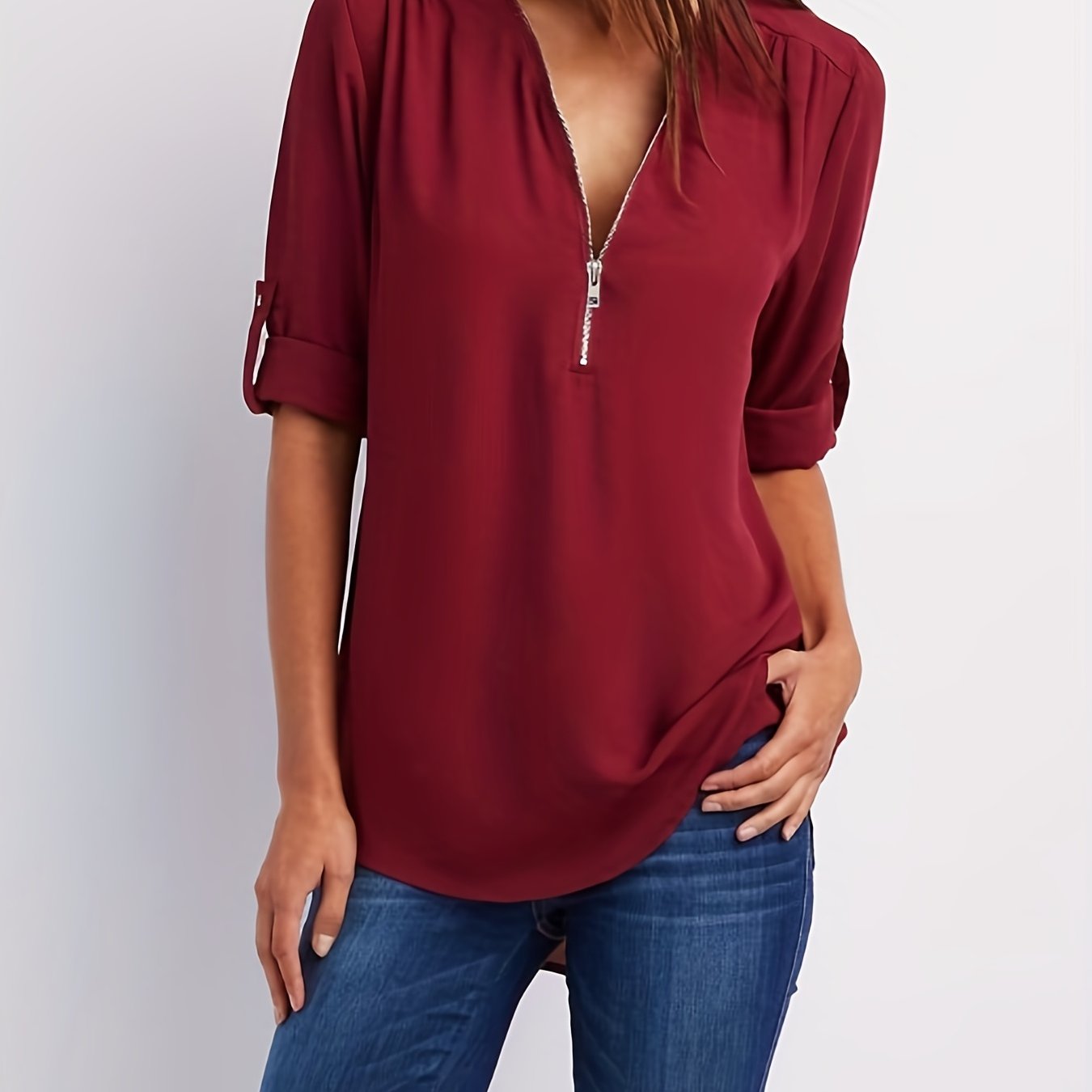 Ruched Sleeve Zip V-Neck Blouse