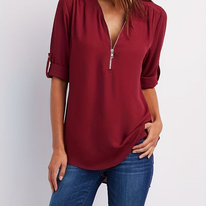Ruched Sleeve Zip V-Neck Blouse