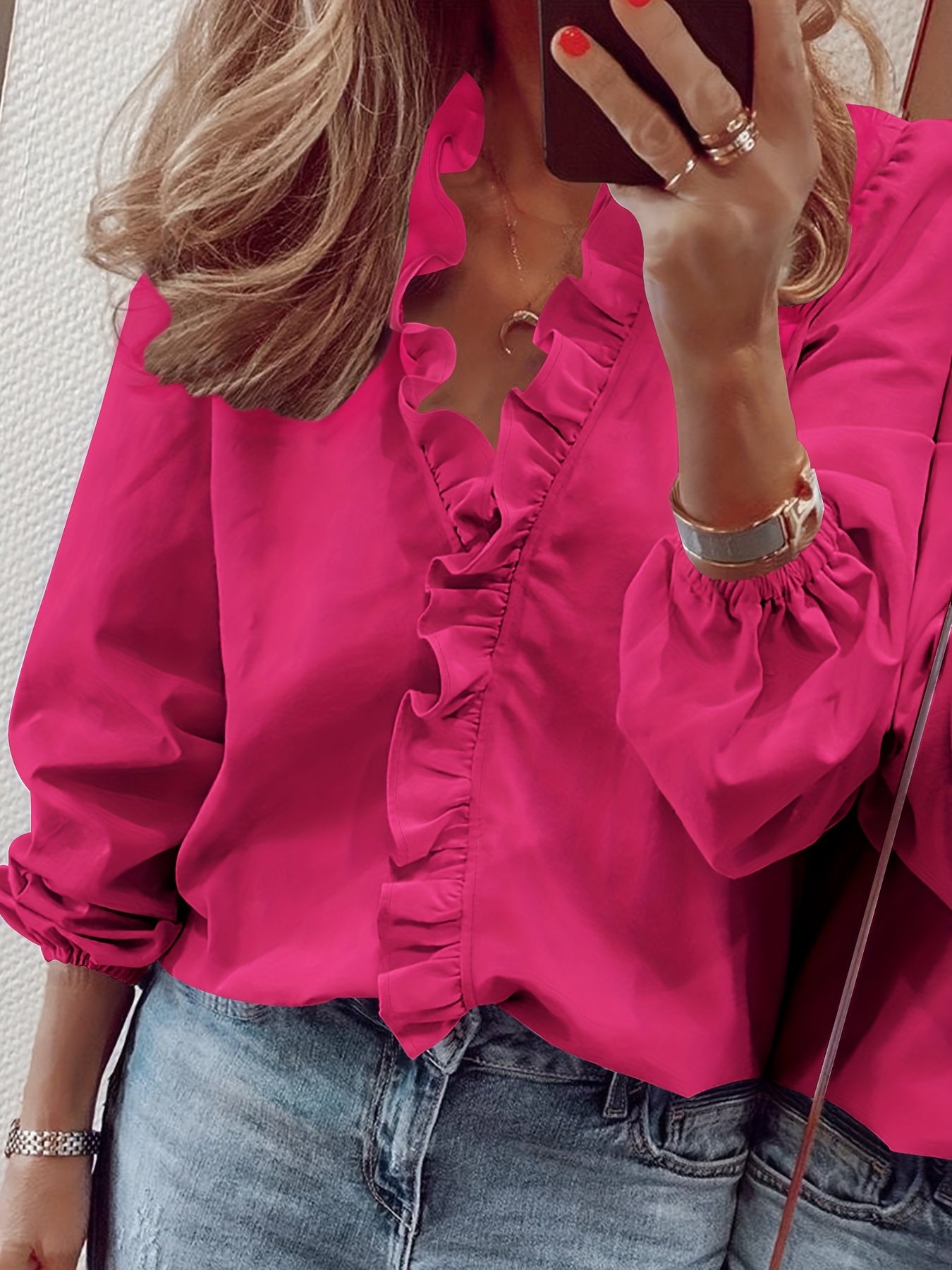Ruffled V-Neck Loose Blouse