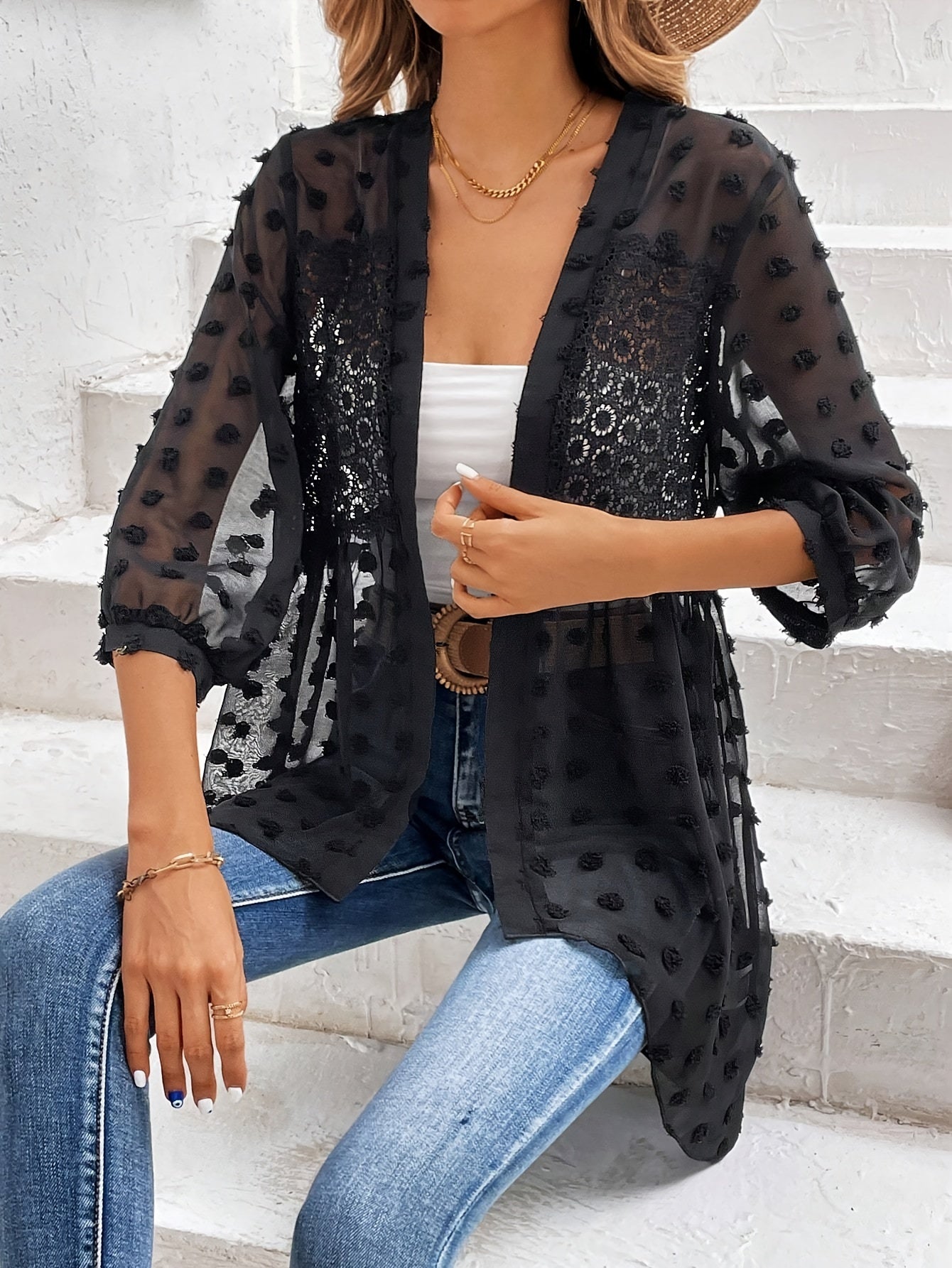 Swiss Dot Lace Open Cardigan