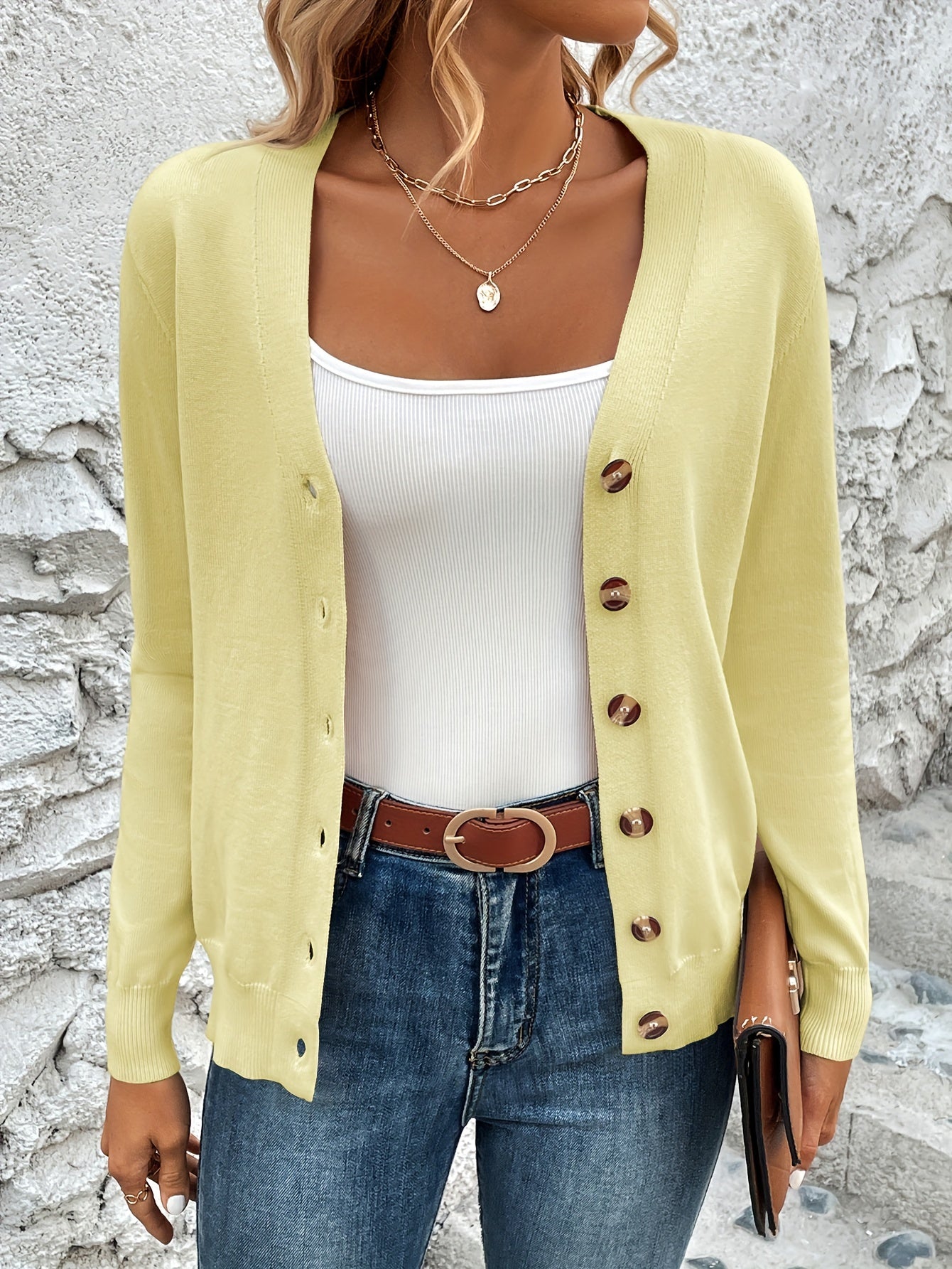 Button Front V-Neck Cardigan Top