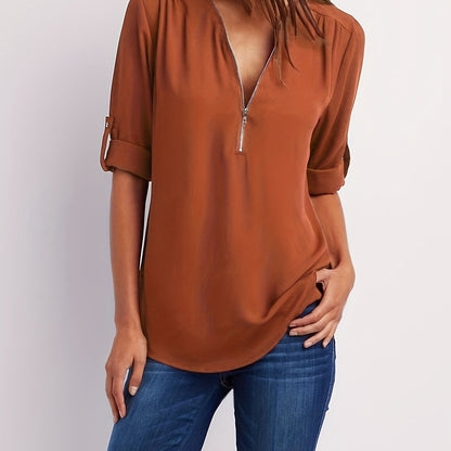 Ruched Sleeve Zip V-Neck Blouse