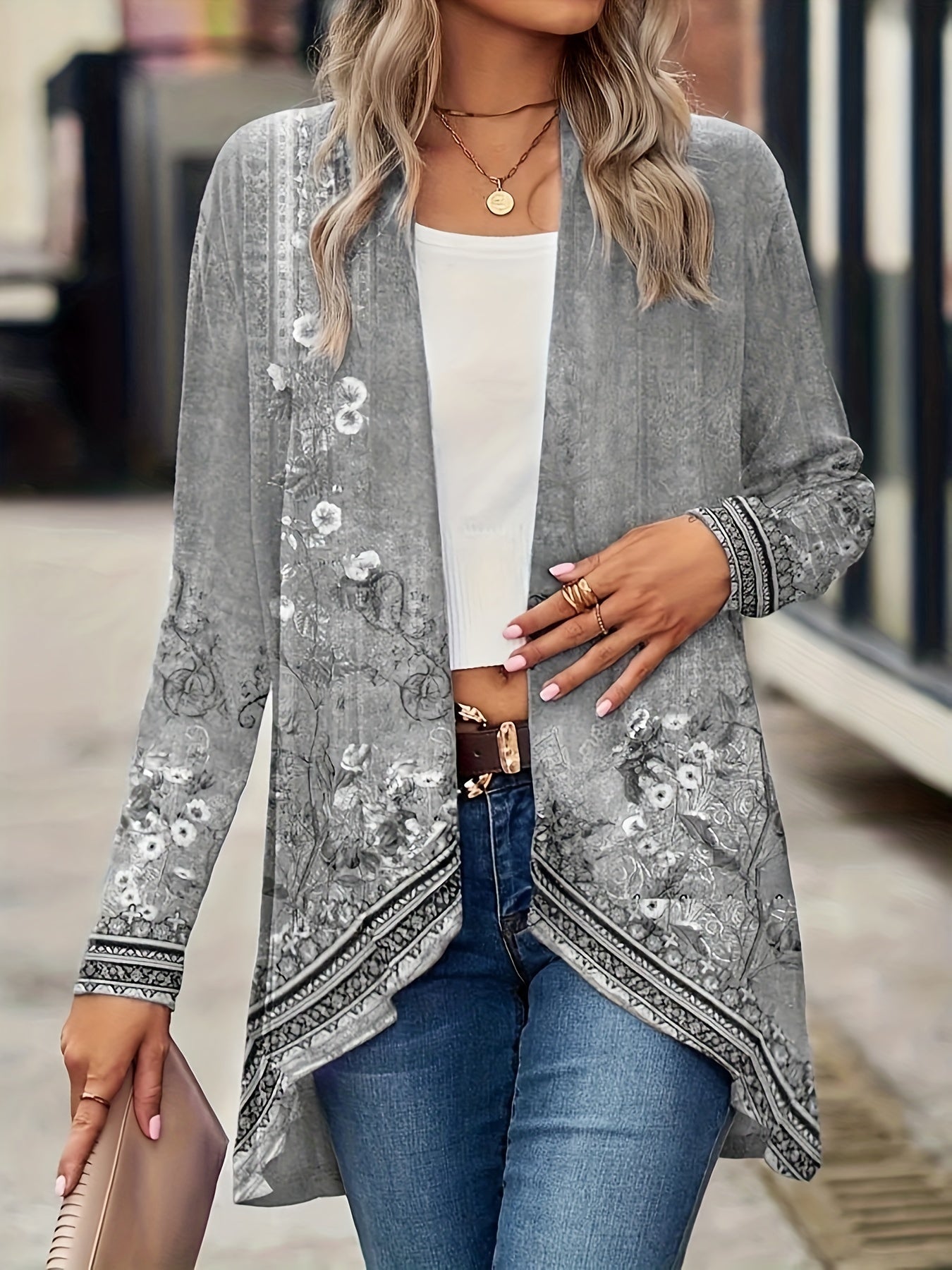 Floral Print Open Front Cardigan