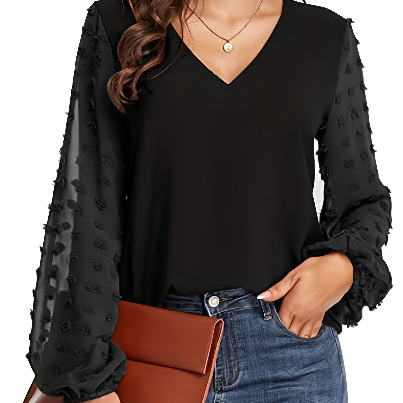 V-Neck Shirt with Swiss Dot Sleeves