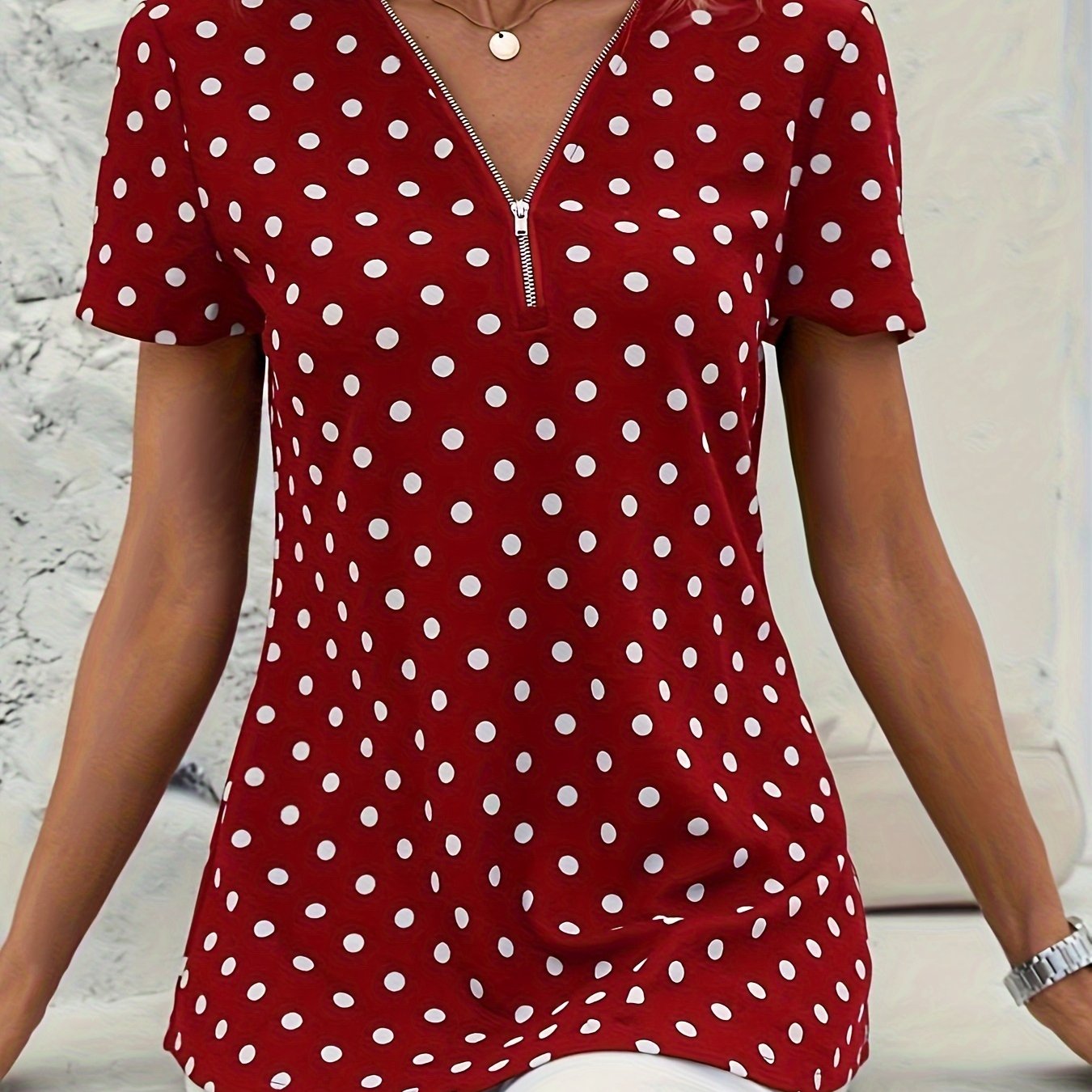 Polka Dot V-Neck Zipper Blouse