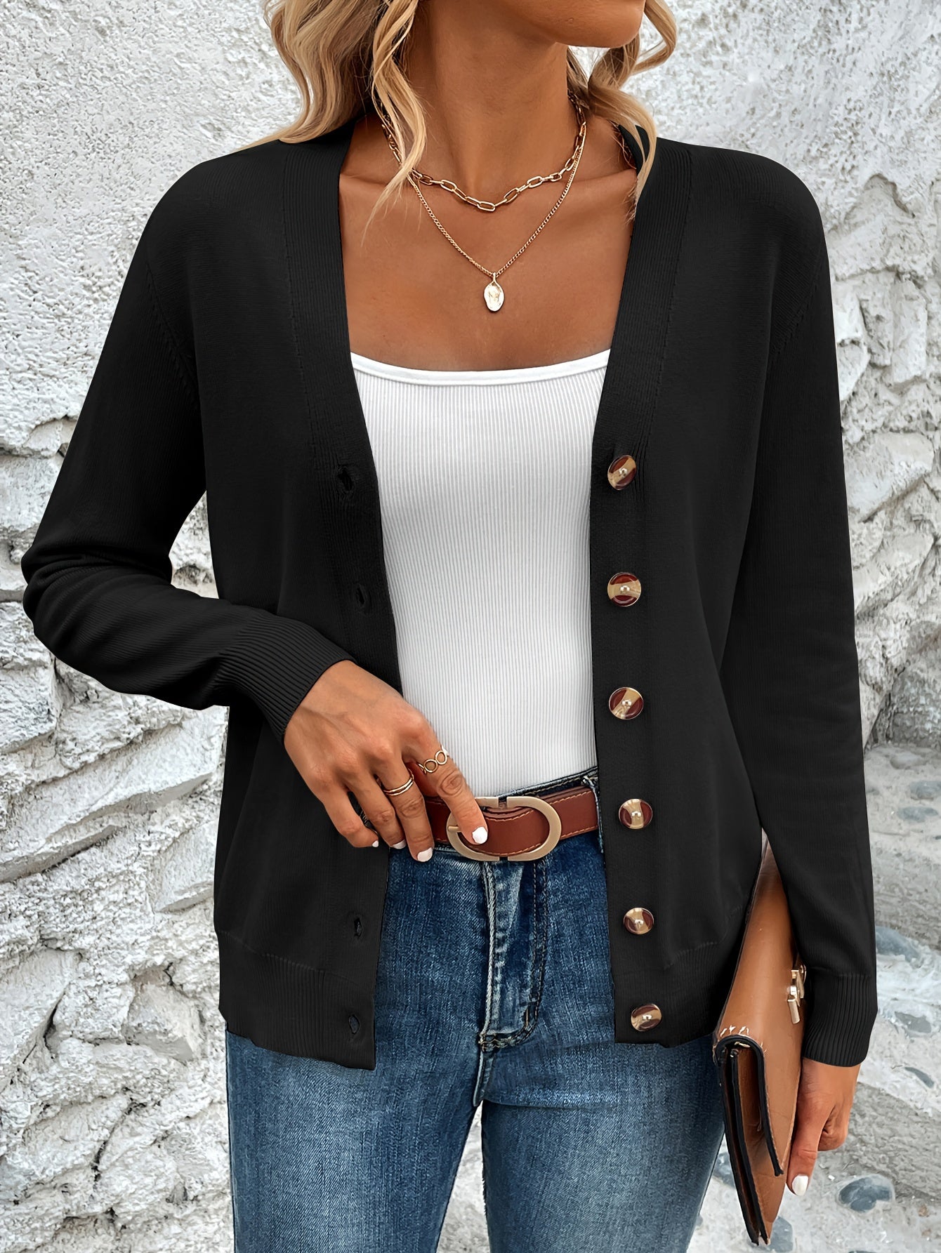 Button Front V-Neck Cardigan Top