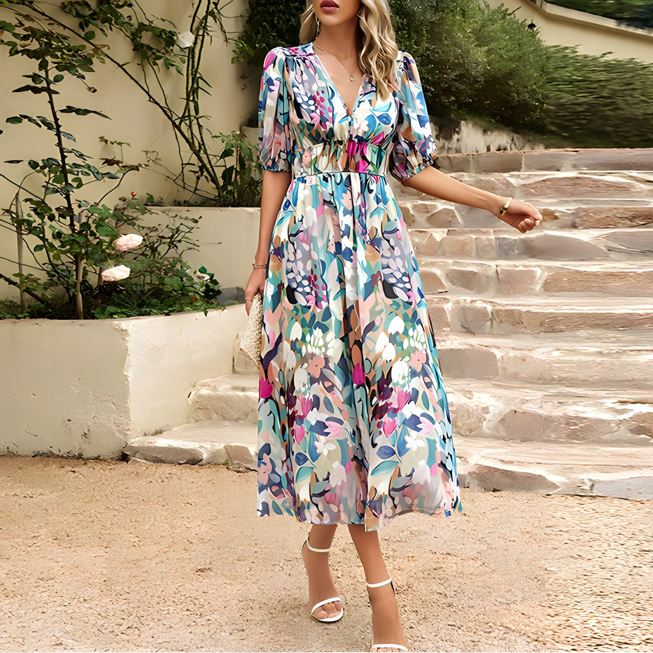 Charming dress with V-neck