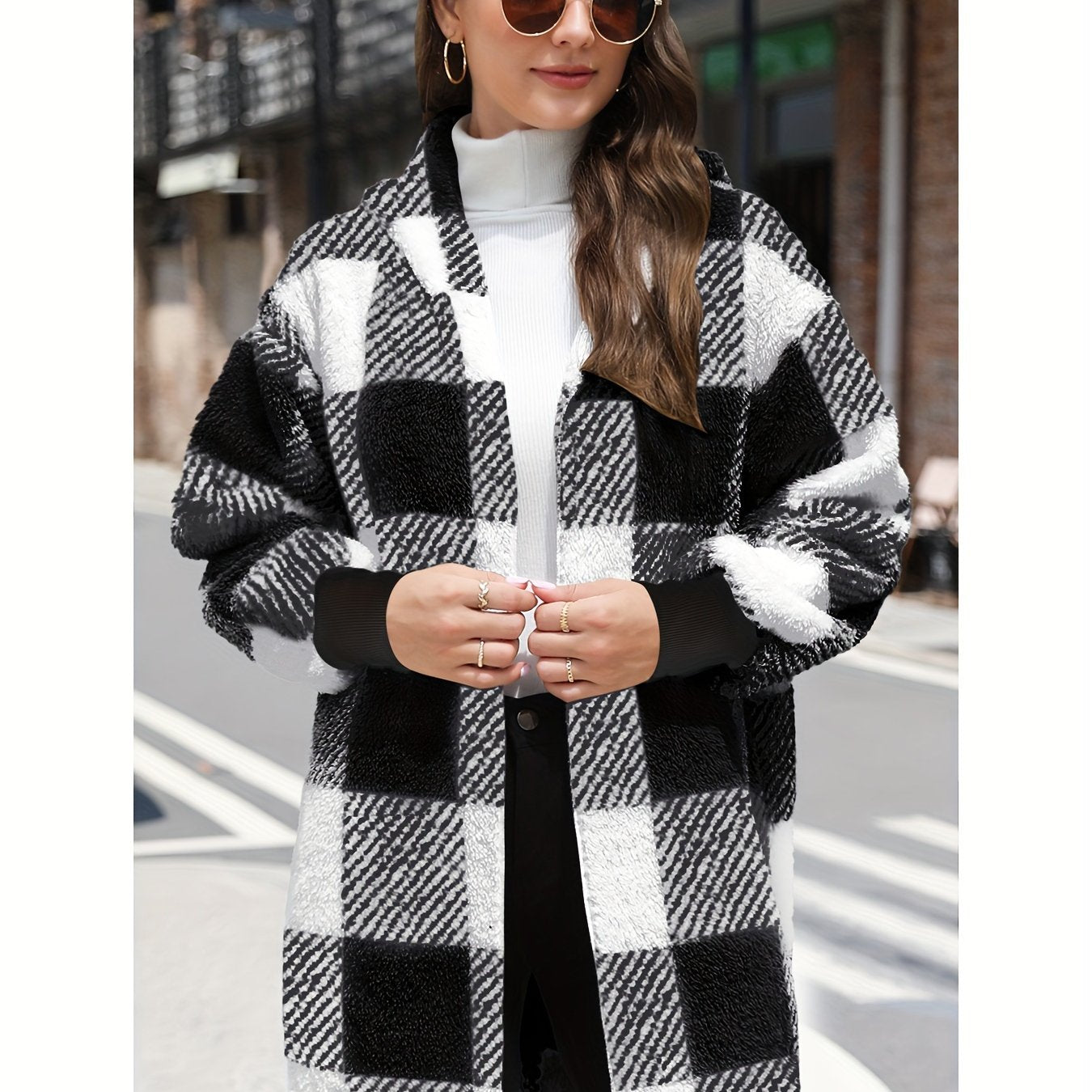 Plaid Fleece Hooded Cardigan Jacket