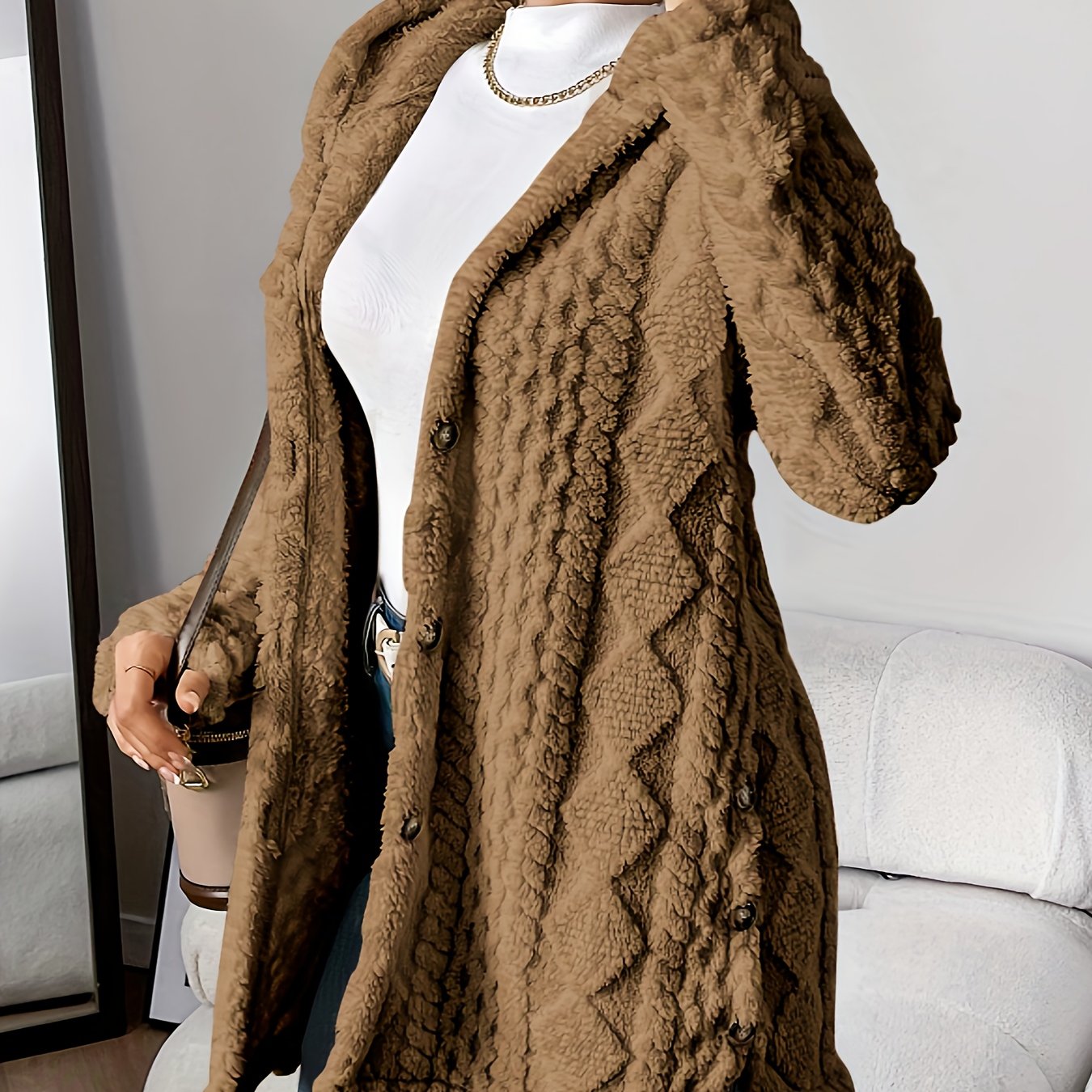 Plush Hooded Argyle Cardigan Coat