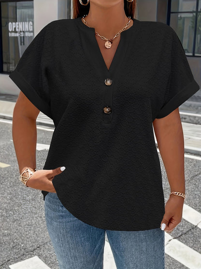 V-Neck Short Sleeve Blouse with Button Detail