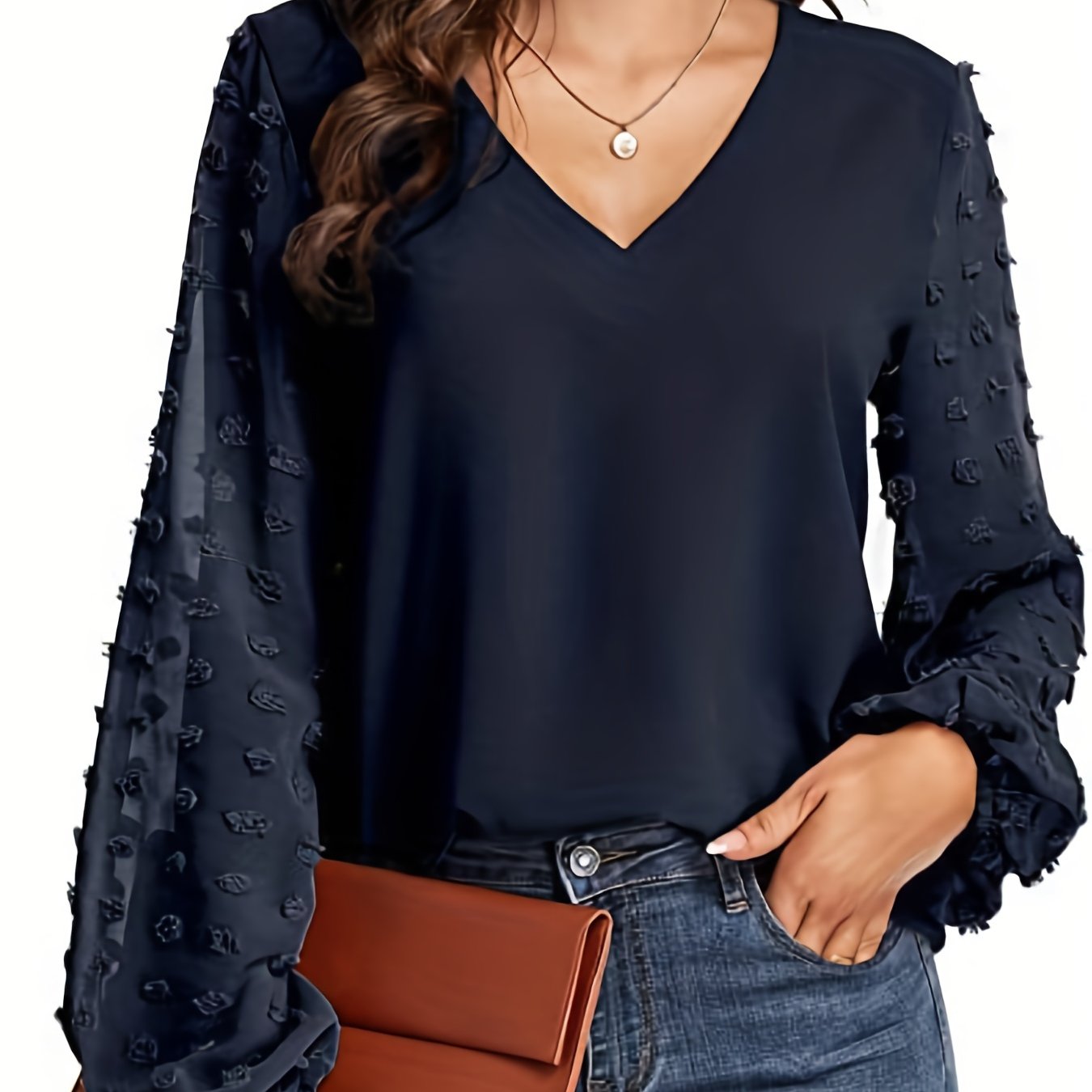 V-Neck Shirt with Swiss Dot Sleeves