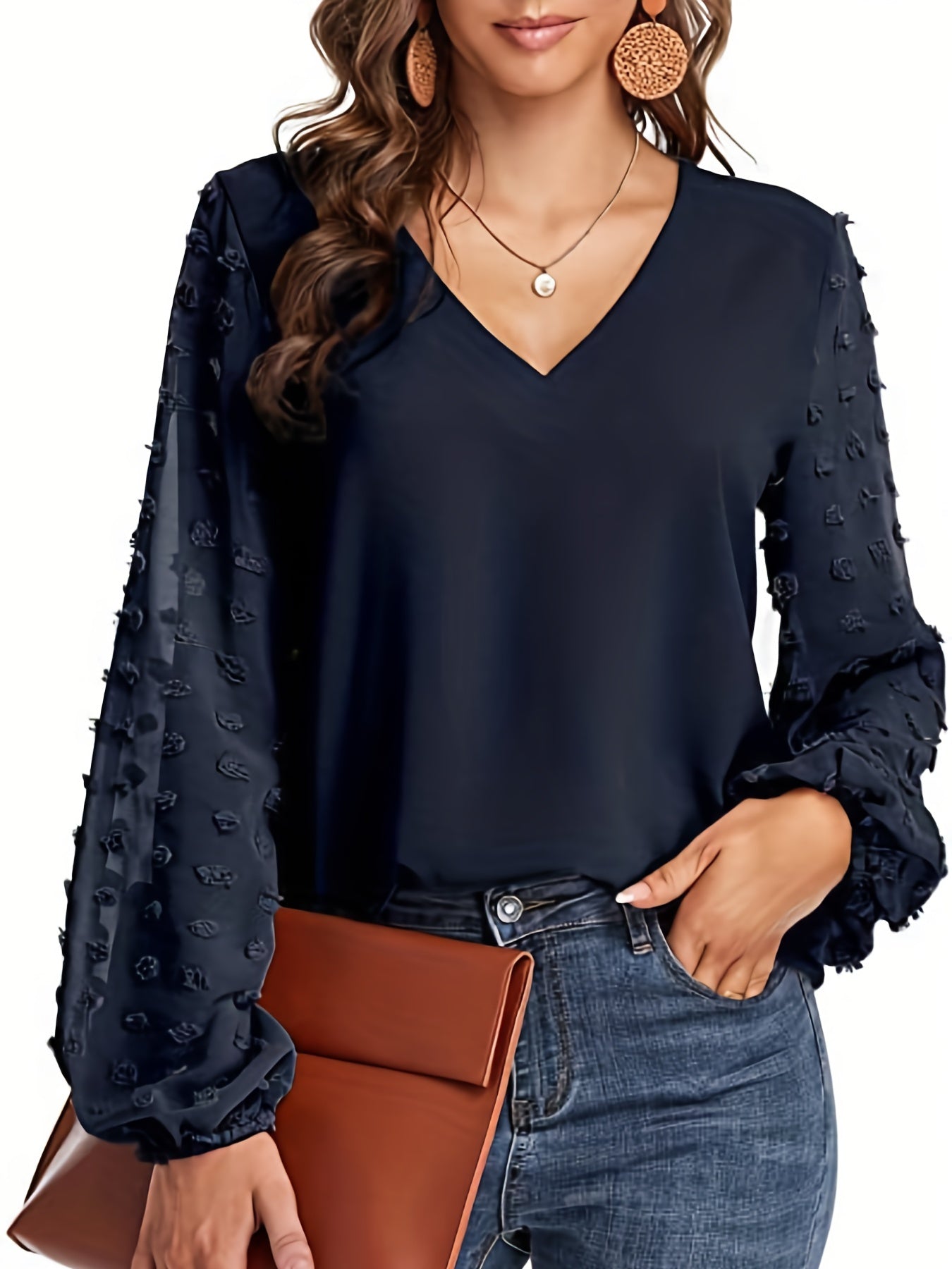 V-Neck Shirt with Swiss Dot Sleeves