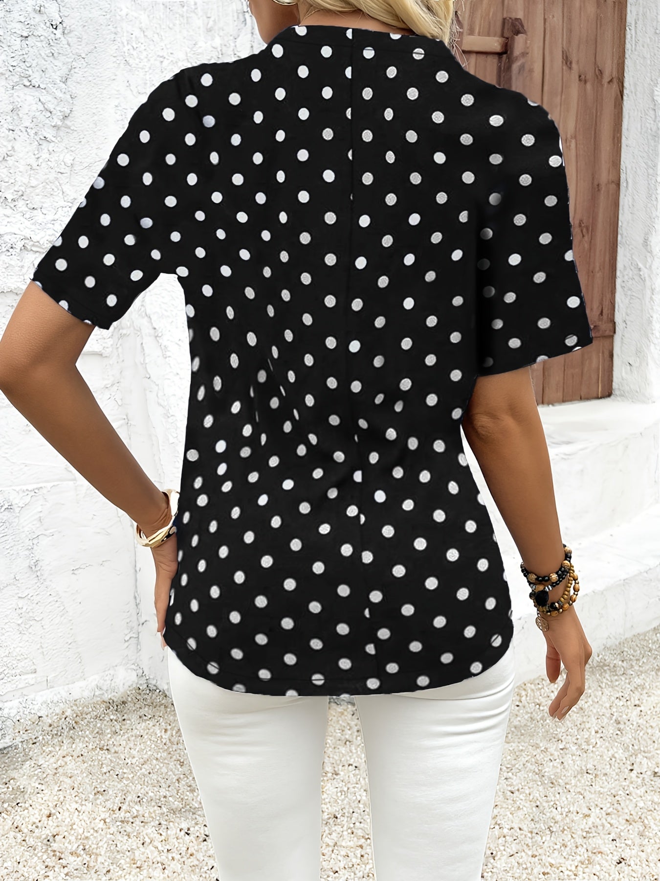 Polka Dot V-Neck Zipper Blouse