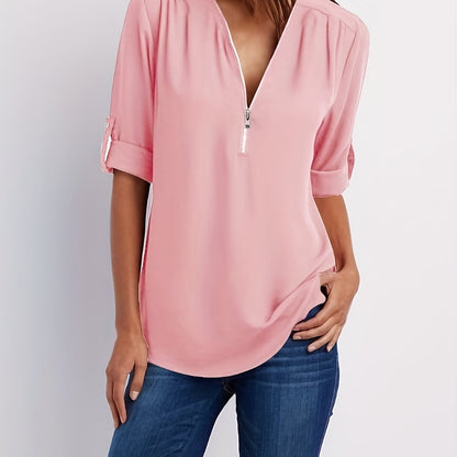 Ruched Sleeve Zip V-Neck Blouse