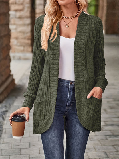 Ribbed Open Front Cardigan with Pockets