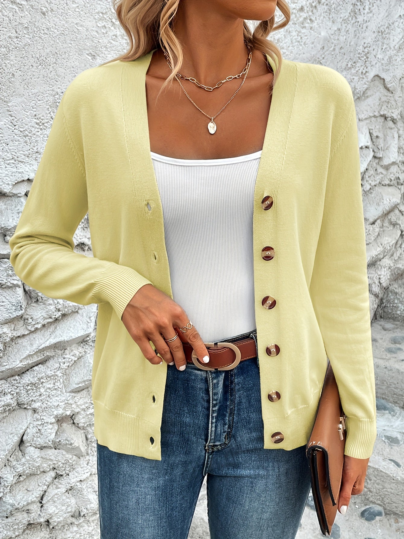 Button Front V-Neck Cardigan Top