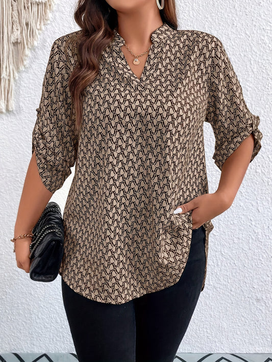 Printed Notched Neck Tunic Blouse