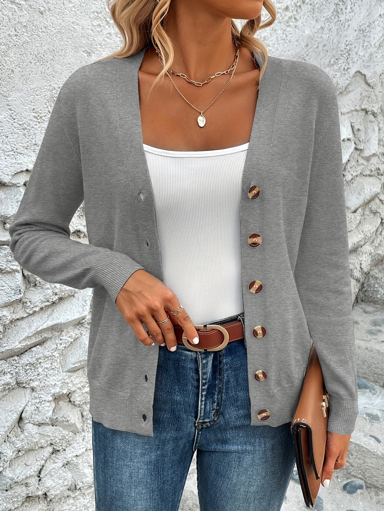 Button Front V-Neck Cardigan Top