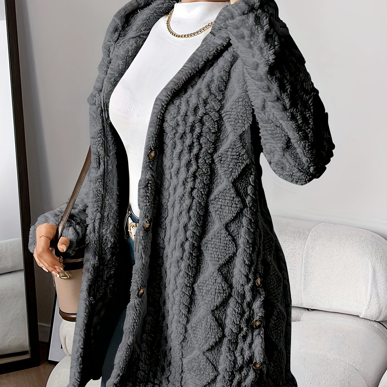 Plush Hooded Argyle Cardigan Coat