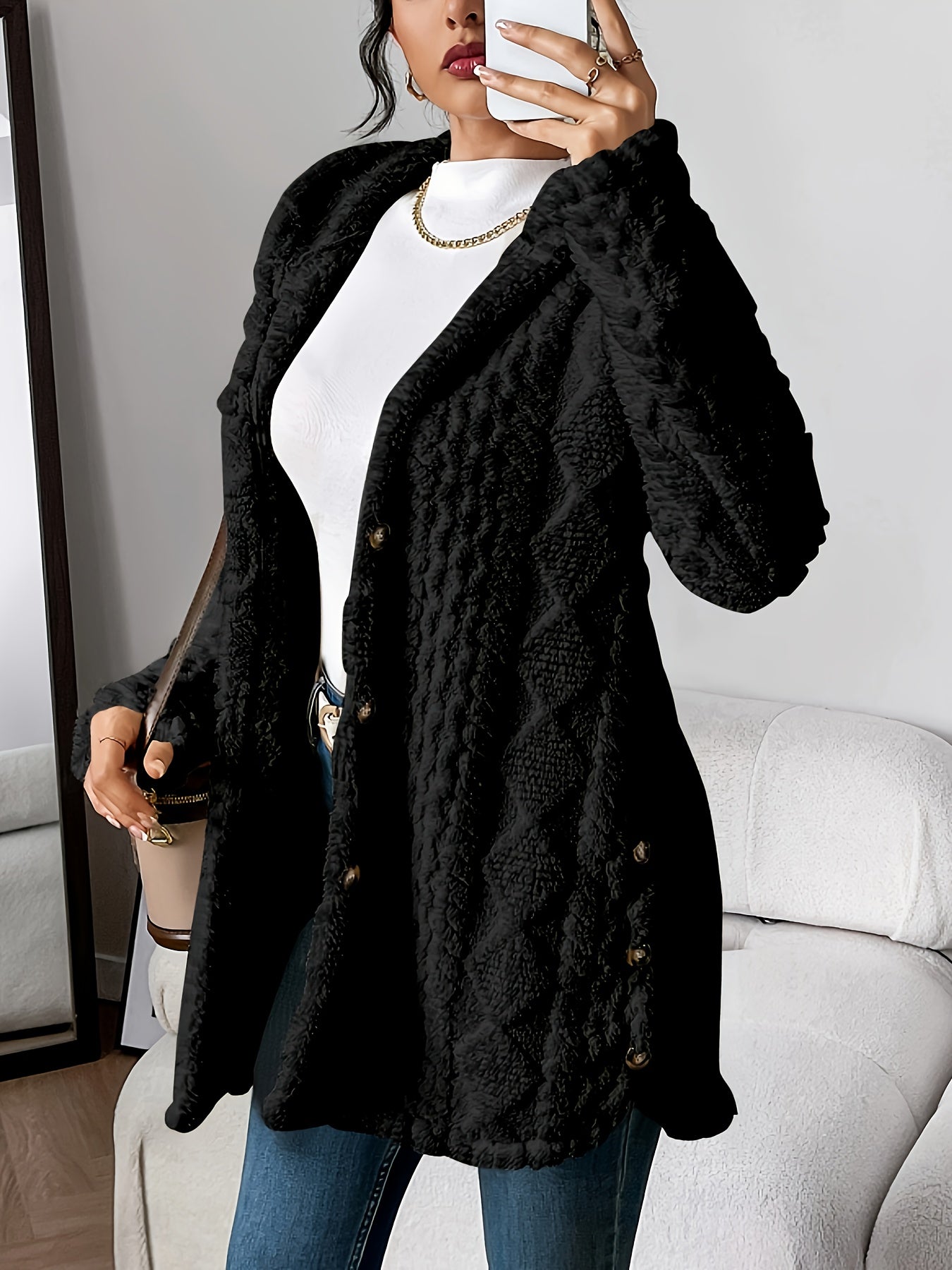 Plush Hooded Argyle Cardigan Coat